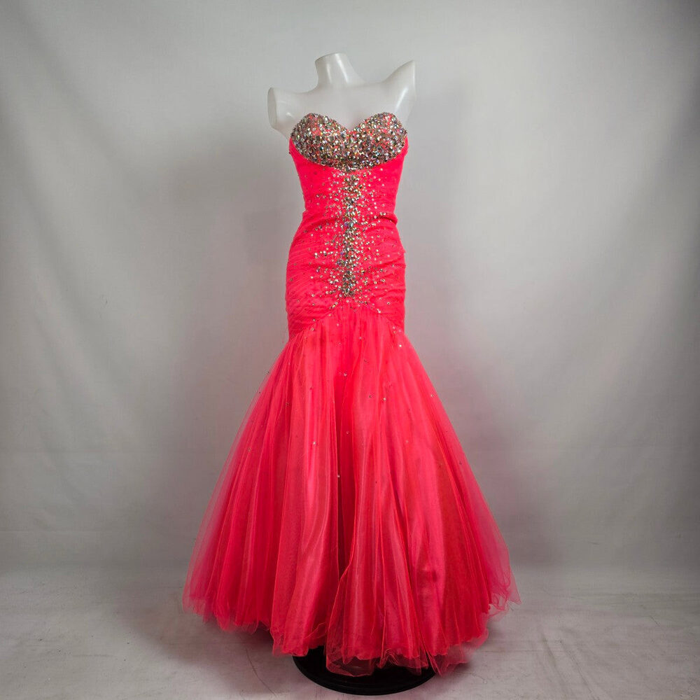 Mori Lee Bright Pink Crystal Bodice Mermaid Tulle Grad Event Gown Size 5/6